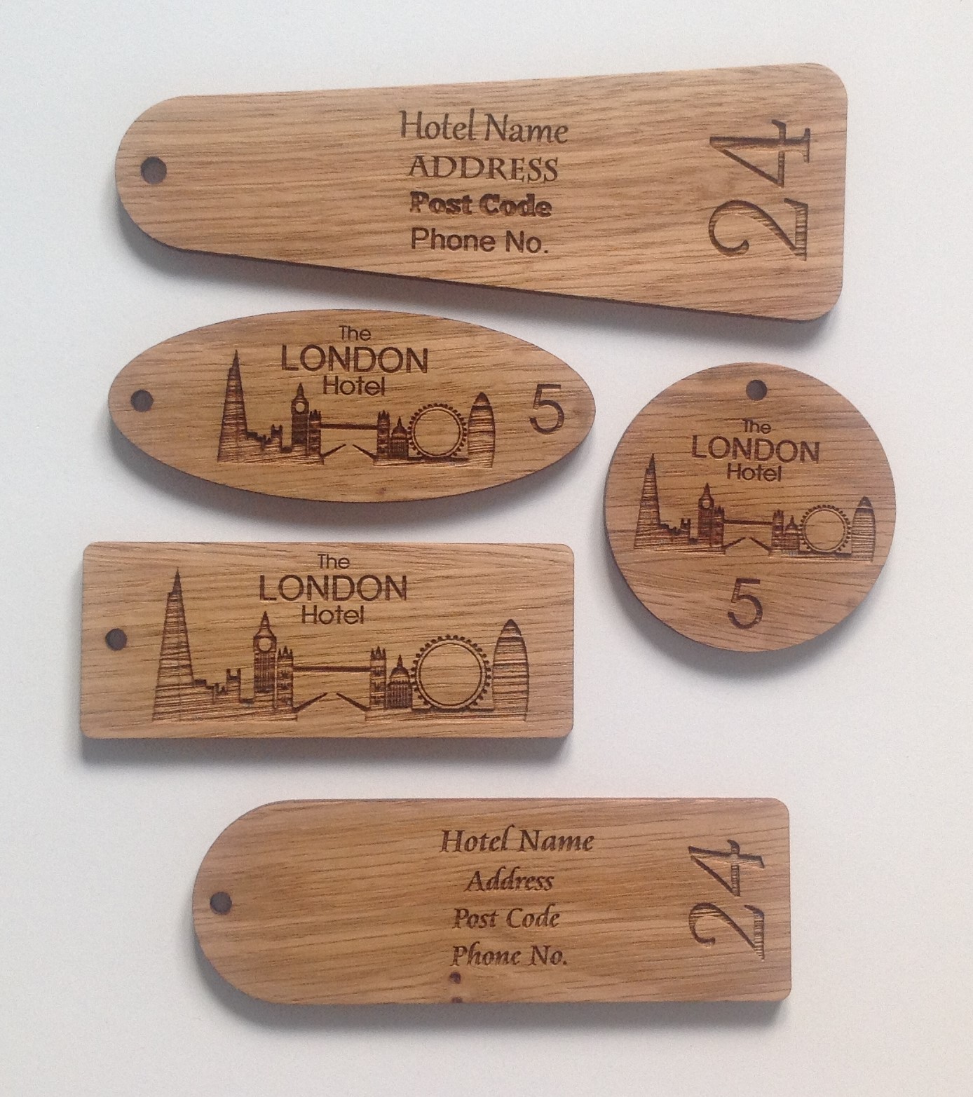 Wooden Engraved Personalised Hotel Key Fobs sjslaser
