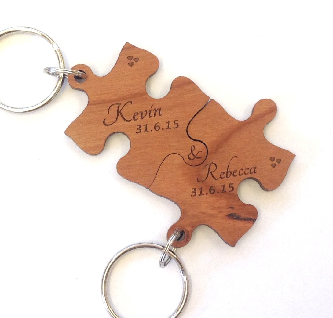 Wooden engraved two piece puzzle key ring sjslaser